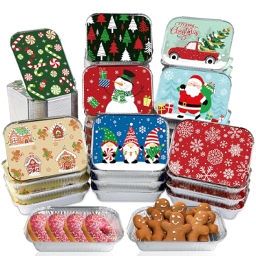 48 Pieces Christmas Treat Foil Containers with Lids - 8 Holiday Designs