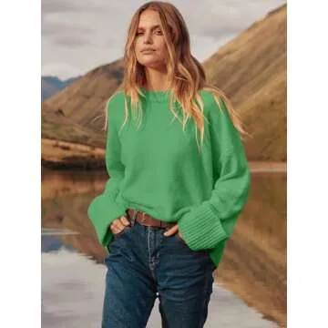 Prinbara Womens Oversized Sweater Crewneck Long Sleeve Fuzzy Knit Chunky Warm Pullover Sweaters Top 2024 Winter Trendy Outfit Lake Green Medium