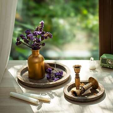 Romadedi Rustic Wooden Tray Candle Holder Set of 2 - Decorative Pillar Tray for Home & Events