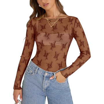 KTILG Mesh Top Women Long Sleeve Cute See Through Lace Blouse