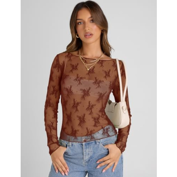 KTILG Mesh Top Women Long Sleeve Cute Lace Blouse