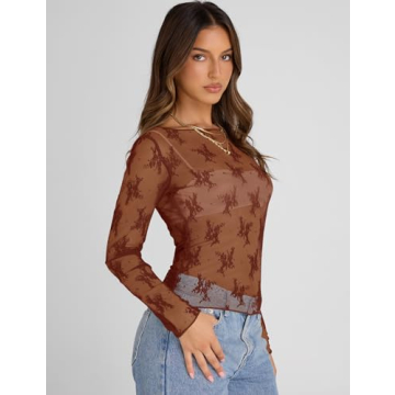 KTILG Mesh Top Women Long Sleeve Cute Lace Blouse