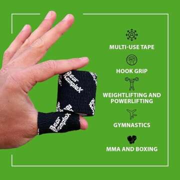 Bear Komplex Athletic Sports Tape, 4 or 12 Pack of Premium Adhesive Wrap, 5 cm Tape, Sweatproof, Breathable, and Non-Slip for Lifting, Crossfit, and Hook Grip, Hypoallergenic and Latex Free