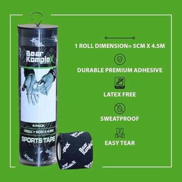 Bear Komplex Athletic Sports Tape, 4 or 12 Pack of Premium Adhesive Wrap, 5 cm Tape, Sweatproof, Breathable, and Non-Slip for Lifting, Crossfit, and Hook Grip, Hypoallergenic and Latex Free