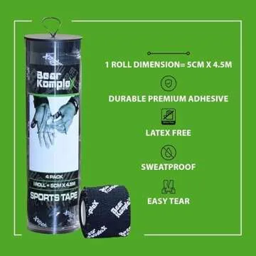 Bear Komplex Athletic Sports Tape, 4 or 12 Pack of Premium Adhesive Wrap, 5 cm Tape, Sweatproof, Breathable, and Non-Slip for Lifting, Crossfit, and Hook Grip, Hypoallergenic and Latex Free