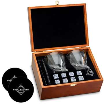Cool Stones Whiskey Glass Gift Set - 2 Whiskey Glasses and Whiskey Stones with Tongs in Velvet Bag A...