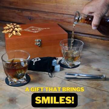 Cool Stones Whiskey Glass Gift Set - 2 Whiskey Glasses and Whiskey Stones with Tongs in Velvet Bag All Presented in an Elegant Wooden Box for Men (Classic-Wood-White-Rocks)