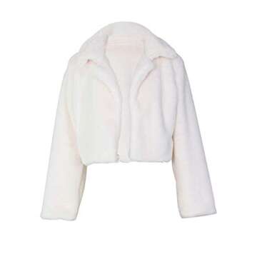 RAMOUG Women's Faux Fur Coats Winter Solid Lapel Short Fleece Cropped Fluffy Jackets Parkas Wool Coat White Cream M