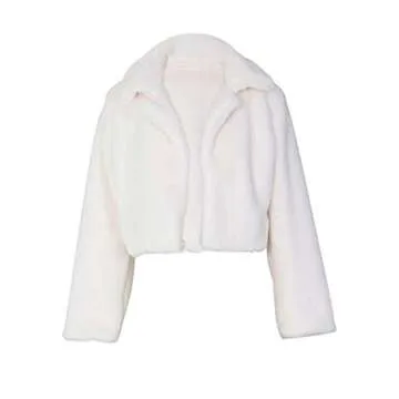 RAMOUG Women's Faux Fur Coats Winter Solid Lapel Short Fleece Cropped Fluffy Jackets Parkas Wool Coat White Cream M