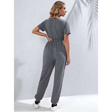 OYOANGLE Women's Maternity V Neck Short Sleeve Drawstring High Waist Loose Long Pants Casual Jumpsuit Grey S