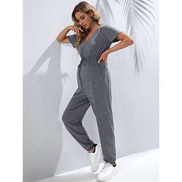 OYOANGLE Women's Maternity V Neck Short Sleeve Drawstring High Waist Loose Long Pants Casual Jumpsuit Grey S