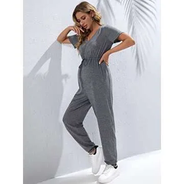 OYOANGLE Women's Maternity V Neck Short Sleeve Drawstring High Waist Loose Long Pants Casual Jumpsuit Grey S
