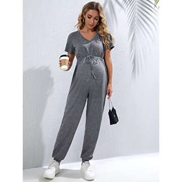 OYOANGLE Women's Maternity V Neck Short Sleeve Drawstring High Waist Loose Long Pants Casual Jumpsuit Grey S