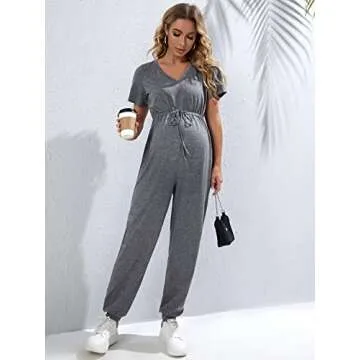 OYOANGLE Women's Maternity V Neck Short Sleeve Drawstring High Waist Loose Long Pants Casual Jumpsuit Grey S