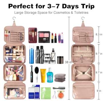 MATEIN Travel Toiletry Bag for Women, 9L Faux Leather Hanging Makeup Bag with Metal Snap Handle, Large Waterproof Cosmetic Storage Multiple Traveling Organizer for Toiletries Accessories, Pink