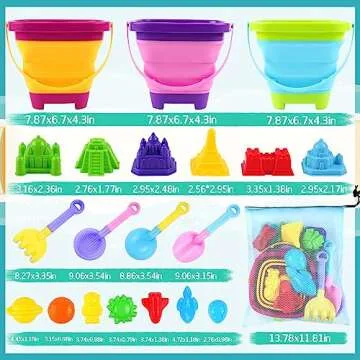 Oun Nana Beach Toys, 21 PCS Sand Toys for Kids, Sandbox Toys with Collapsible Beach Buckets and Shovels Set, Sand Castle Kit, Sand Molds, Mesh Bag, Travel Beach Sand Toys for Kids Toddlers Boys Girls