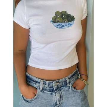 Women's Short Sleeve Y2K White Baby Tees E-Girls Cute Graphic Print Crop Tops Slim Fit T Shirts Retro Vintage Aesthetic 90s Fashion Clothes