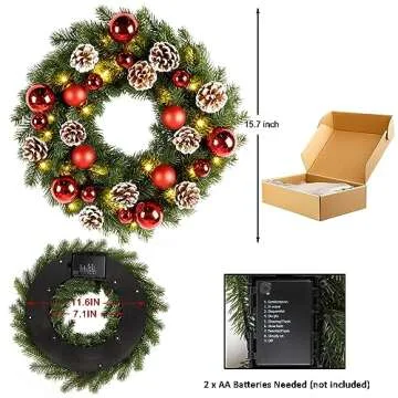 Lulu Home Christmas Front Door Wreath: 15.7" Pre-lit Wreath with 40 LED Lights