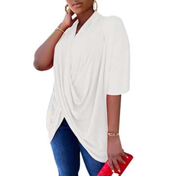 LYANER Women's Wrap V Neck Ruched Short Sleeve Split Hem Blouse Shirt Tunic Top White Small
