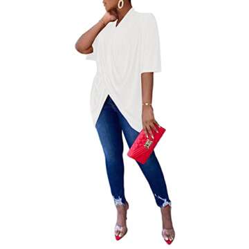LYANER Women's Wrap V Neck Ruched Short Sleeve Split Hem Blouse Shirt Tunic Top White Small