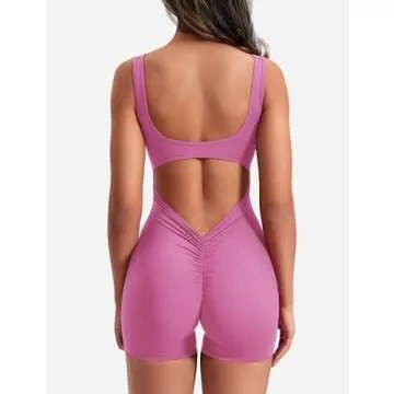 YEOREO One Piece Workout Jumpsuits for Women Backless Tummy Control Sleeveless Jumpsuits Lizvette V Back Scrunch Yoga Romper Pink L