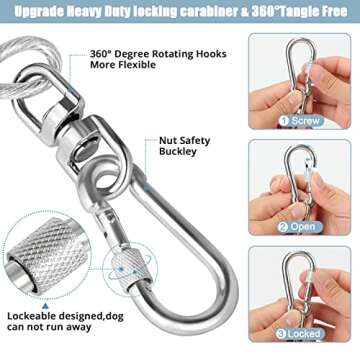 jenico Dog Tie Out Cable, 10/15/20/30/40/50/70/100/150FT Dog Runner Cable with Swivel Hook and Shock Spring, Dog Leash Run Tether for Yard Outdoor and Camping,for Small to Medium Pets Up to 500 LBS