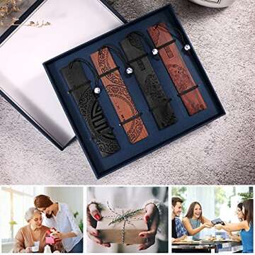 4 Pieces Wood Bookmark Vintage Bookmark Gift Craft Book Mark Book Lovers Handmade Natural Wooden Carving Bookmarker Ideal for Birthday Present Students Teachers Appreciation(Traditional Style)