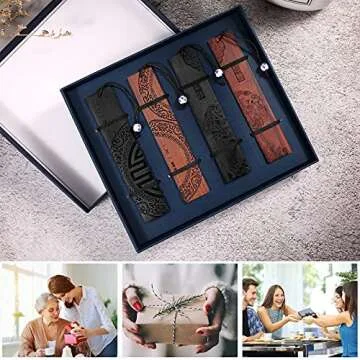 4 Pieces Wood Bookmark Vintage Bookmark Gift Craft Book Mark Book Lovers Handmade Natural Wooden Carving Bookmarker Ideal for Birthday Present Students Teachers Appreciation(Traditional Style)