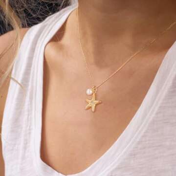 MTMY 14K Gold Plated Shell/Starfish/Anchor/Dolphin Pendant Necklaces Ocean Beach Summer Jewelry for Women (starfish pearl)