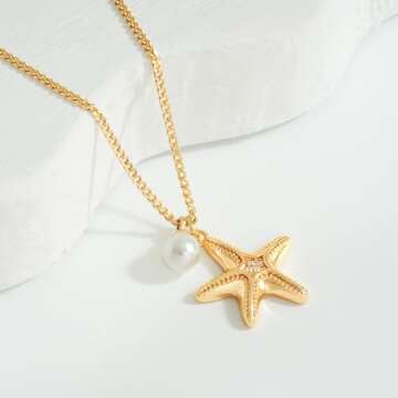 MTMY 14K Gold Plated Shell/Starfish/Anchor/Dolphin Pendant Necklaces Ocean Beach Summer Jewelry for Women (starfish pearl)