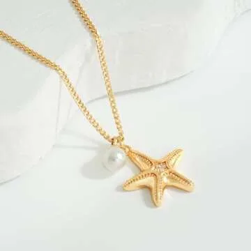 MTMY 14K Gold Plated Shell/Starfish/Anchor/Dolphin Pendant Necklaces Ocean Beach Summer Jewelry for Women (starfish pearl)