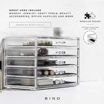 BINO THE MANHATTAN SERIES Acrylic Makeup Drawer Organizer- 5 Drawers | Clear Beauty Organizers and Storage| Cosmetic & Makeup Drawer| Home Organization| Jewelry & Vanity Accessories Drawers
