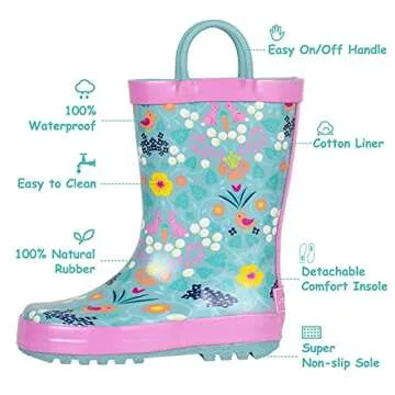 Landchief Kids Rain Boots Waterproof Rubber with Fun Designs
