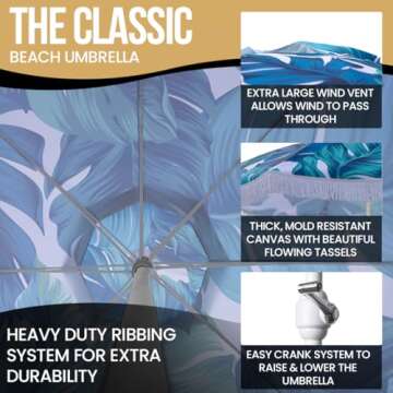 South Bay Beach Life™ - Large, Luxury Beach Umbrellas - Beach & Patio Umbrella with Custom Sand Anchor Versatility for Family/Friends - Flowing Tassels - UPF 50+ UV Protection - Include Carry Bags
