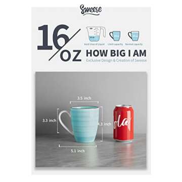 Sweese 16oz Coffee Mugs Set of 6, Porcelain Tea Cups with Handle for Latte, Ice Americano, Hot Tea, Beverage Cocoa, Ceramic Cooffee Cups Dishwasher Safe, Multicolor, Gradient Colors