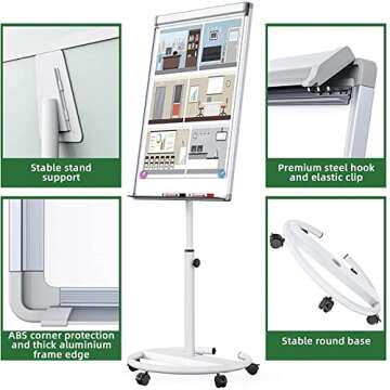 Mobile Dry Erase Board, 40x28 inches Magnetic Portable Whiteboard Stand Easel White Board Flipchart Easel Board Dry Erase Board with Stand School Supplies, White