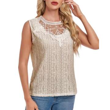 AGWISH Women's Sleeveless Back Key Hole Tunic Tank Tops Casual Lace Shirt Blouses XX-Large Apricot