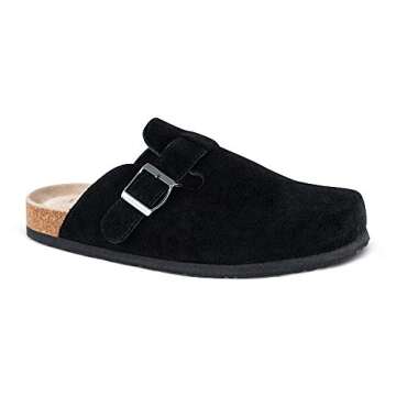 TF STAR Unisex Soft Footbed Clog Cow Suede Leather Clogs, Cork Clogs Shoes for Women Men Black