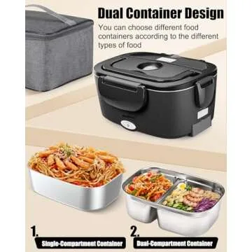 Buddew Electric Lunch Box 80W Food Heater with Dual Container, Portable Lunch Warmer for Adults, Upgraded Heated Lunch Box for Car/Truck/Office with SS Fork&Spoon and Insulated Carry Bag (Black)