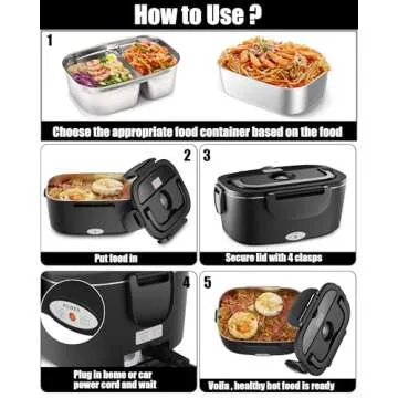Buddew Electric Lunch Box 80W Food Heater with Dual Container, Portable Lunch Warmer for Adults, Upgraded Heated Lunch Box for Car/Truck/Office with SS Fork&Spoon and Insulated Carry Bag (Black)