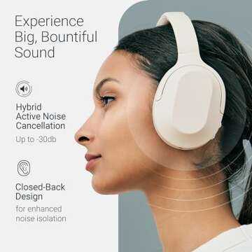 Status Core ANC Active Noise Cancelling Headphones - Cloud - Over Ear Head Phones w/Built-in Microph...