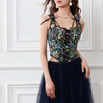 Women Vintage Floral Camisole Flower Embroidery Pattern Tight Vest Drawstring Tie-up Tank Top Suspen...