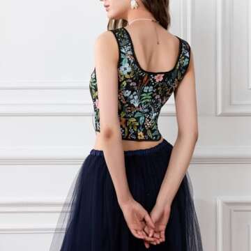 Women Vintage Floral Camisole Flower Embroidery Pattern Tight Vest Drawstring Tie-up Tank Top Suspender Corset