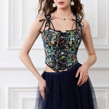 Women Vintage Floral Camisole Flower Embroidery Pattern Tight Vest Drawstring Tie-up Tank Top Suspender Corset