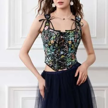 Women Vintage Floral Camisole Flower Embroidery Pattern Tight Vest Drawstring Tie-up Tank Top Suspender Corset