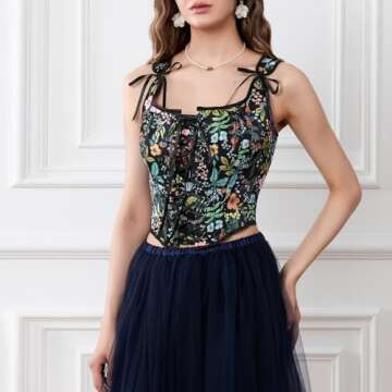 Women Vintage Floral Camisole Flower Embroidery Pattern Tight Vest Drawstring Tie-up Tank Top Suspender Corset