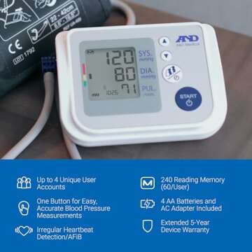 A&D Medical Premium Multi-User Blood Pressure Monitor, Wide Range Blood Pressure Cuff (22 - 42 cm / ...