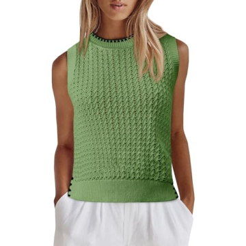 Saodimallsu Womens Summer Sleeveless Tank Tops Casual Crewneck Crochet Knit Color Block Side Split L...