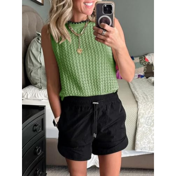 Saodimallsu Womens Summer Sleeveless Tank Tops Casual Crewneck Crochet Knit Color Block Side Split Loose Shirts Green