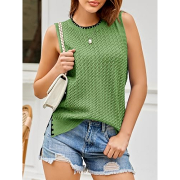 Saodimallsu Womens Summer Sleeveless Tank Tops Casual Crewneck Crochet Knit Color Block Side Split Loose Shirts Green